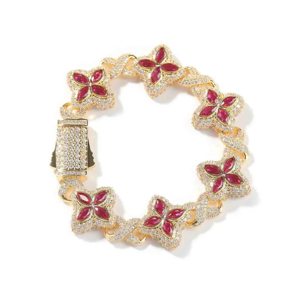 Black and Clear Baguette Floral Bracelets With Infinity Chain Iced Cuban