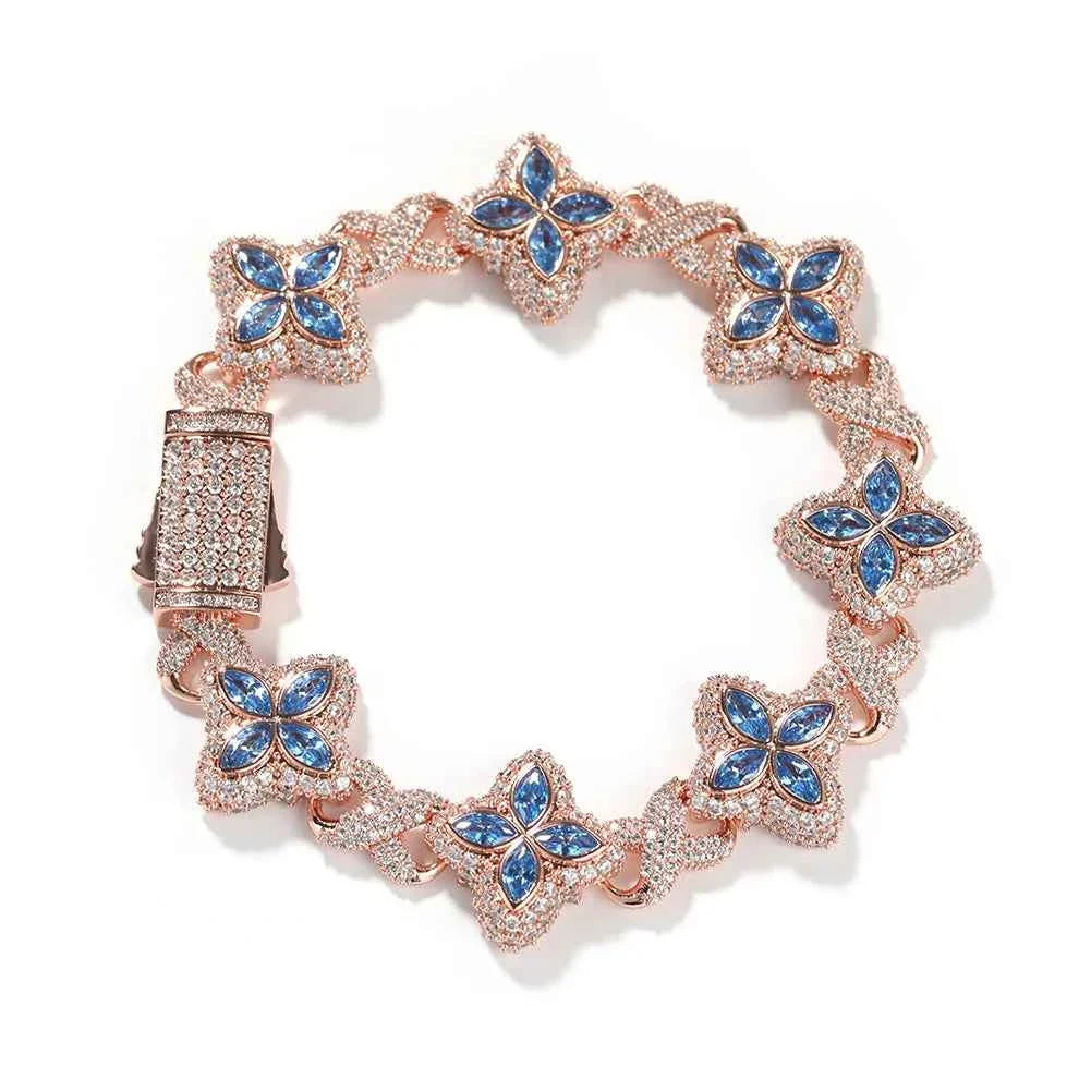 Black and Clear Baguette Floral Bracelets With Infinity Chain Iced Cuban
