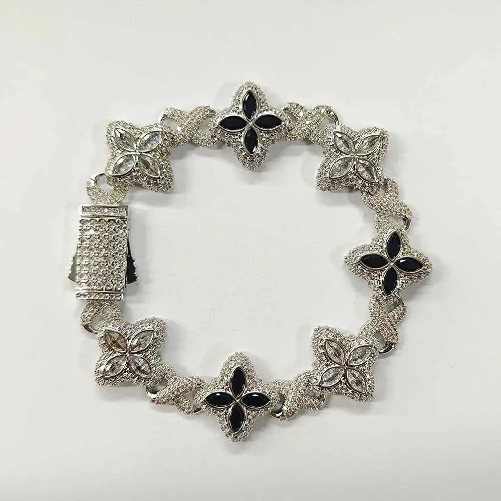 Black and Clear Baguette Floral Bracelets With Infinity Chain Iced Cuban