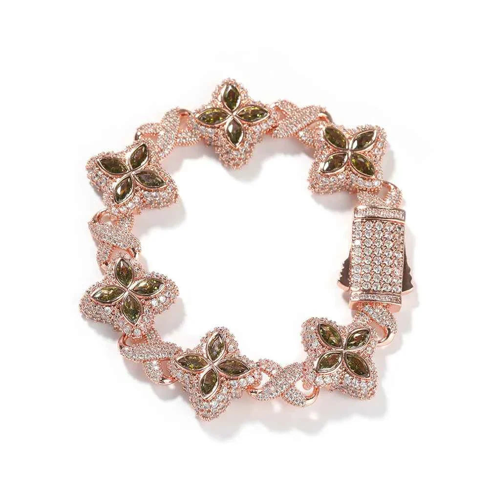 Black and Clear Baguette Floral Bracelets With Infinity Chain Iced Cuban